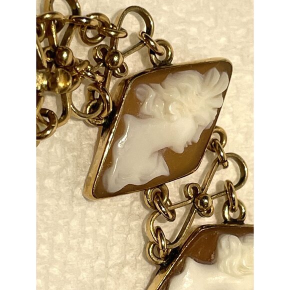 14K Gold Carved Shell Cameo Bracelet 6" With Geometric Diamond Design - Picture 8 of 16